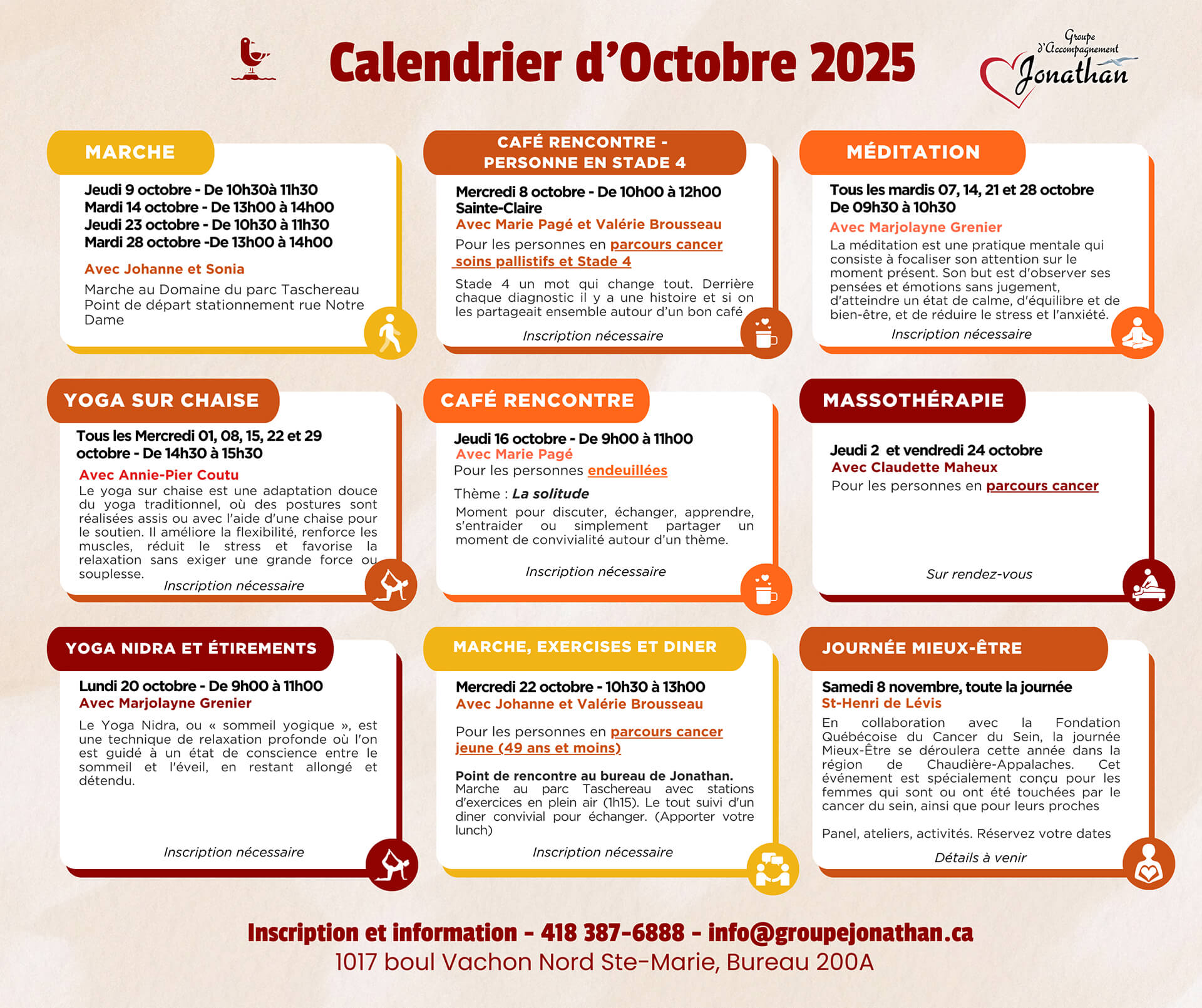Calendrier des activités - Octobre 2025