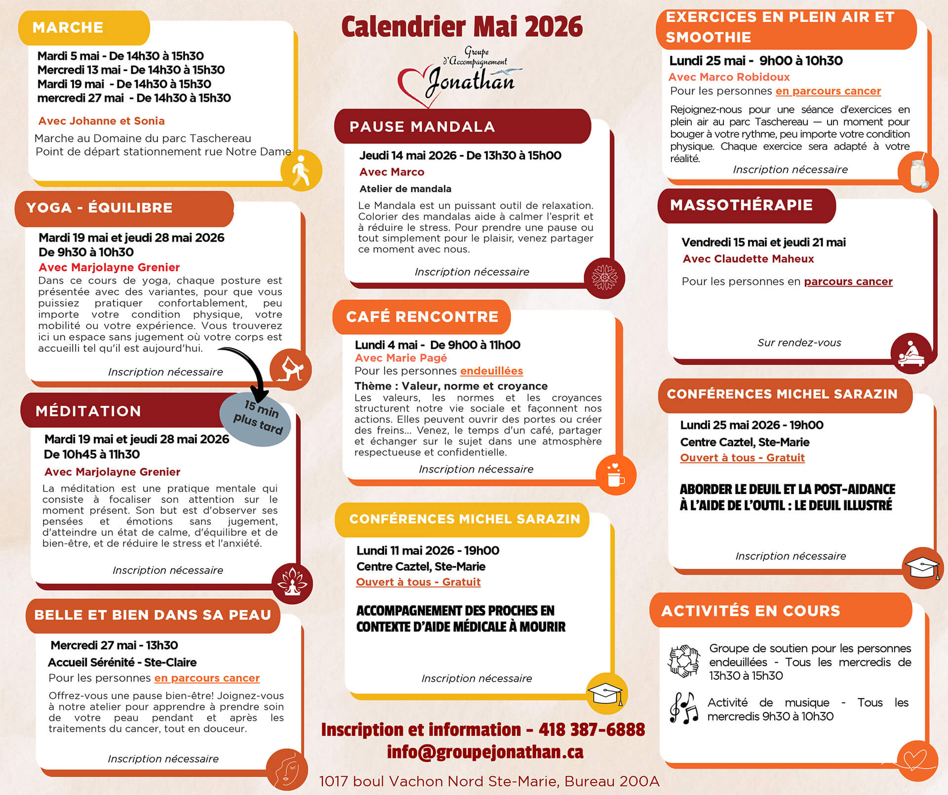 Calendrier des activités - Mai 2026