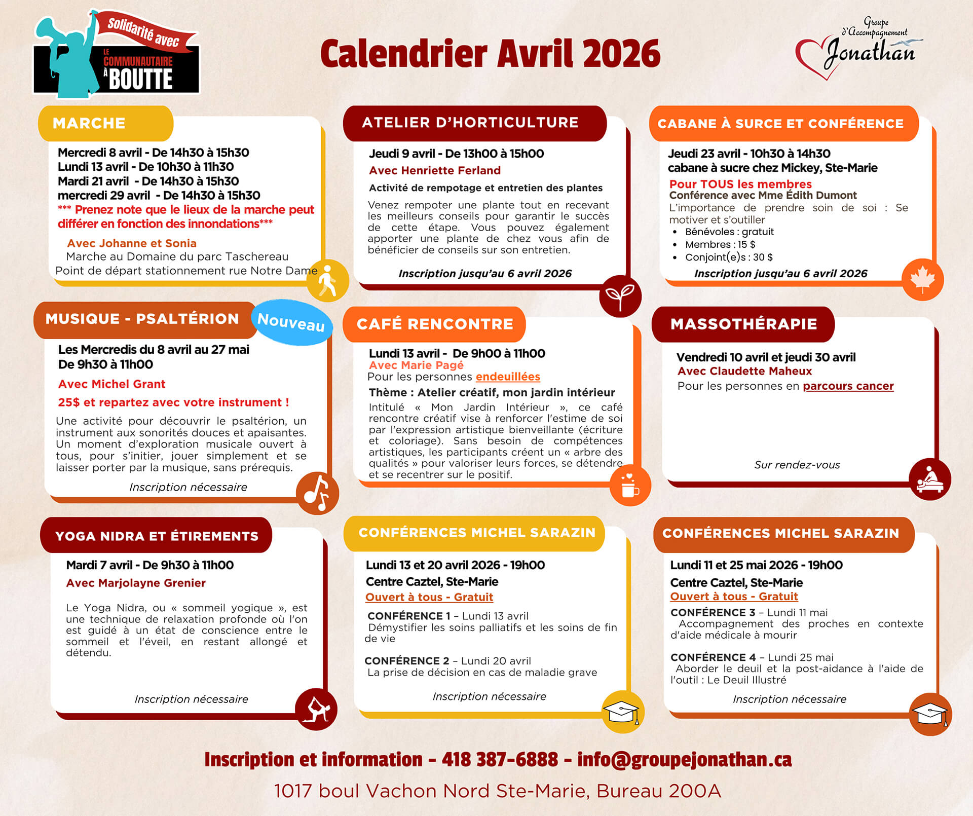 Calendrier des activités - Mars 2026
