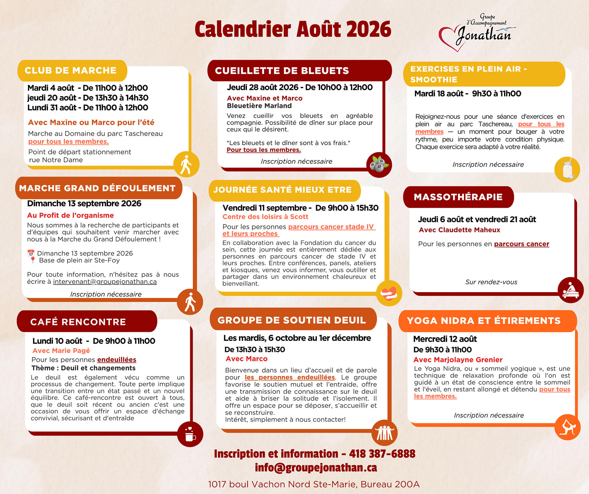 Calendrier des activités - Août 2026
