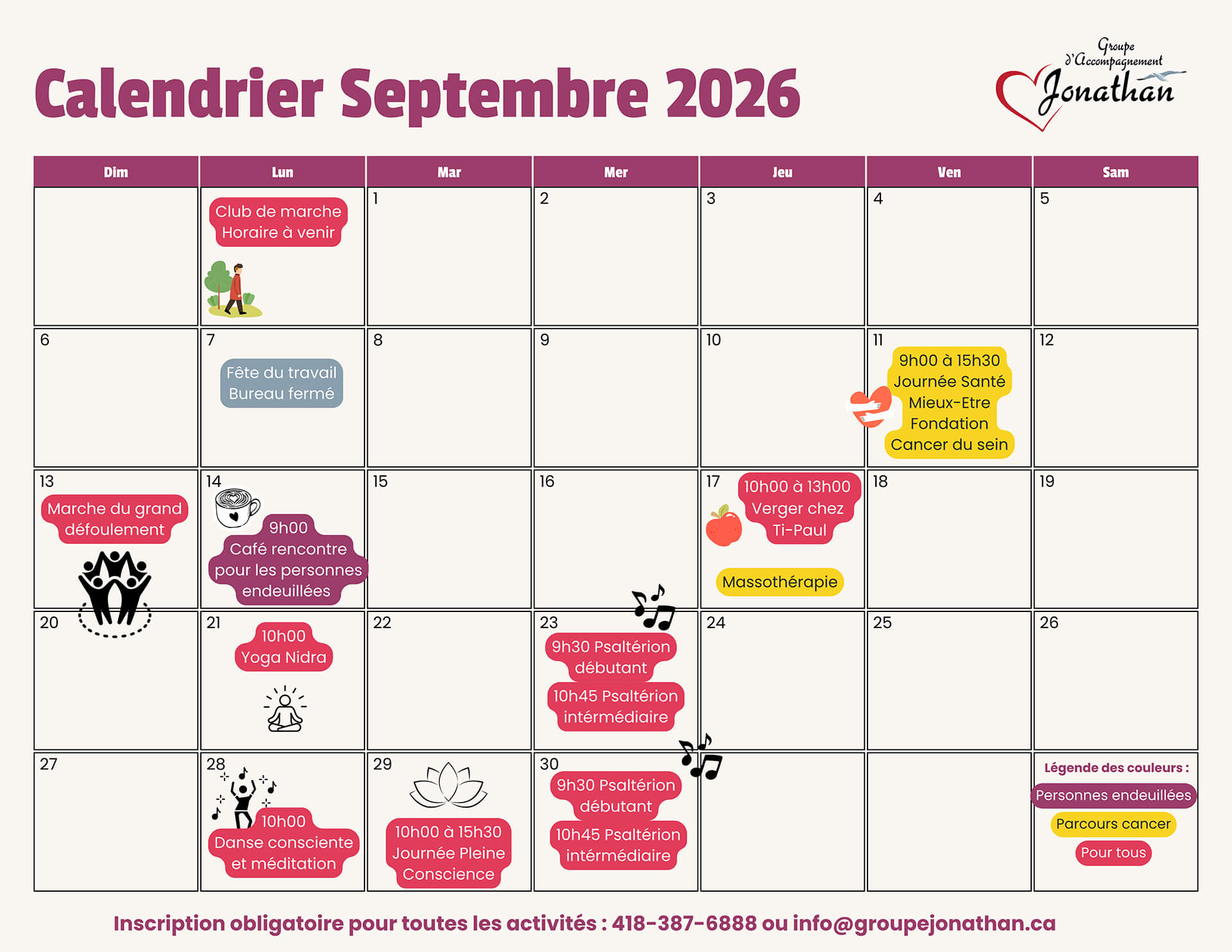 Calendrier des activités - Septembre 2026