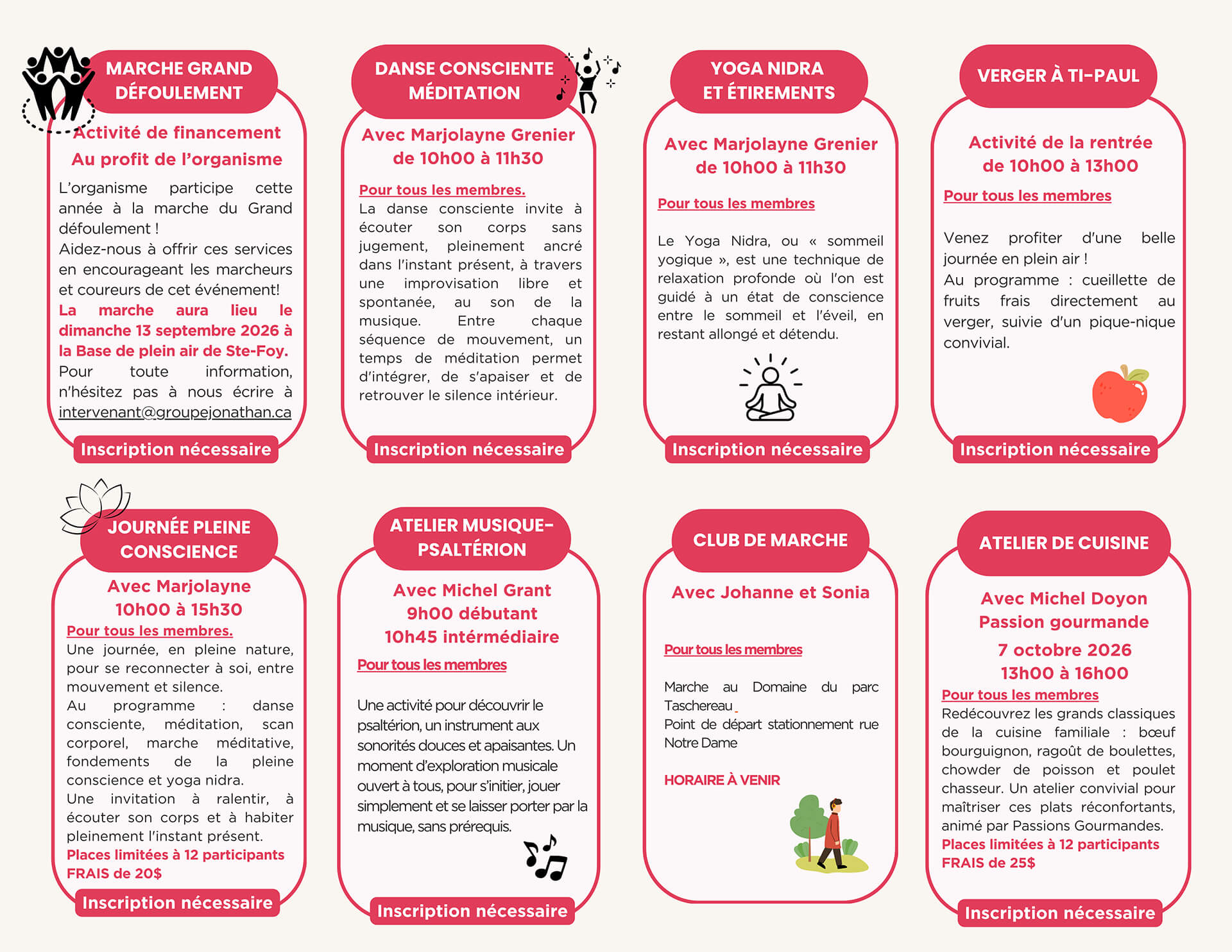 Calendrier des activités - Septembre 2026